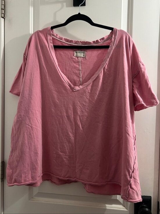 Tops - Dusty Pink Deep V Relaxed Tee - 2 small holes in front